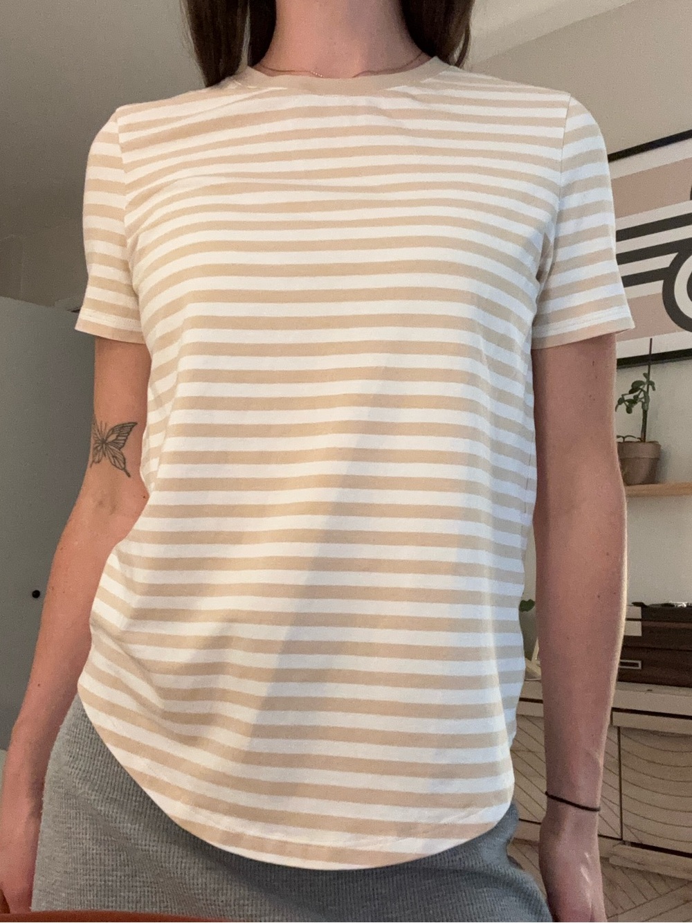 lululemon athletica Beige and White Striped Short Sleeve Tee